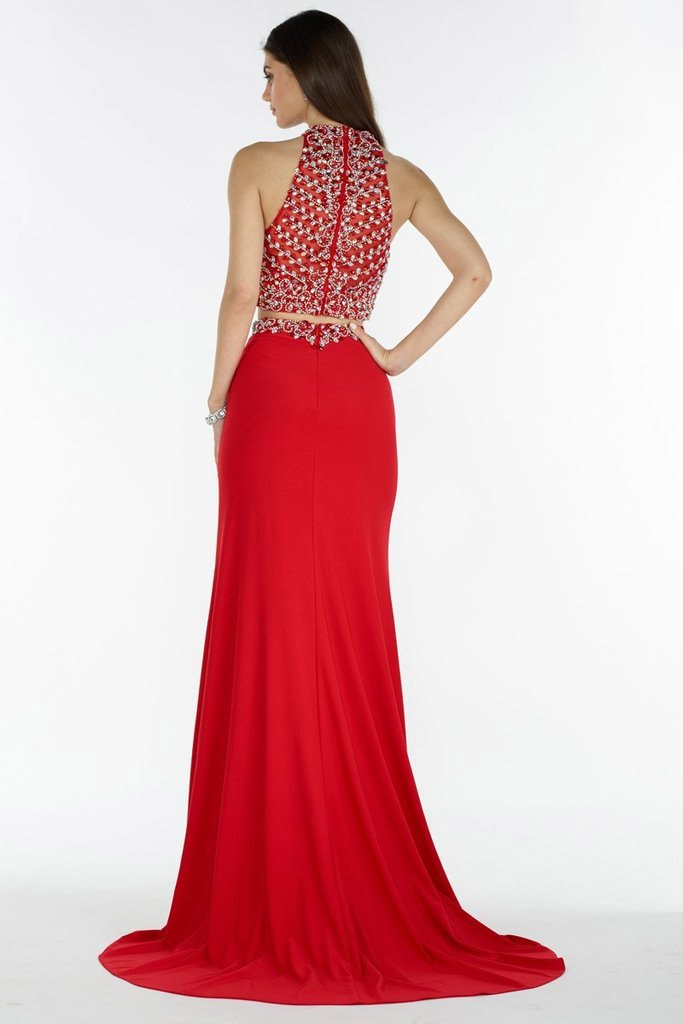 Alyce Paris - 1160 Beaded Illusion Halter Two-Piece Gown In Red