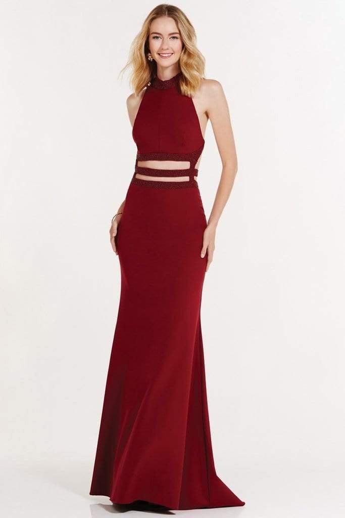 Alyce Paris - 1204 High Halter Neck Strappy Midriff Long Gown Evening Dresses 000 / Wine