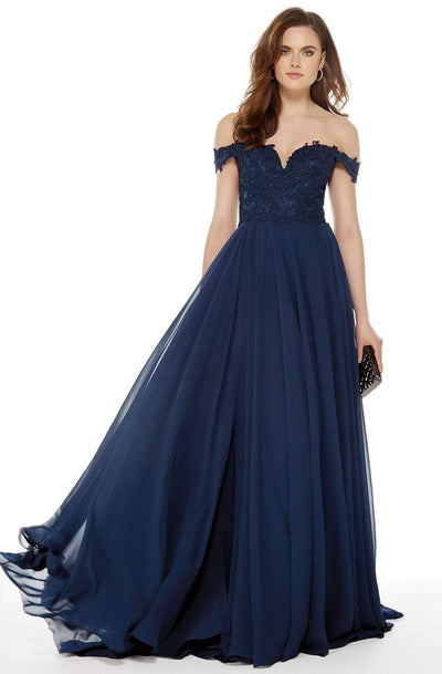Alyce Paris - Off-Shoulder Pleated Evening Gown 27018 In Blue