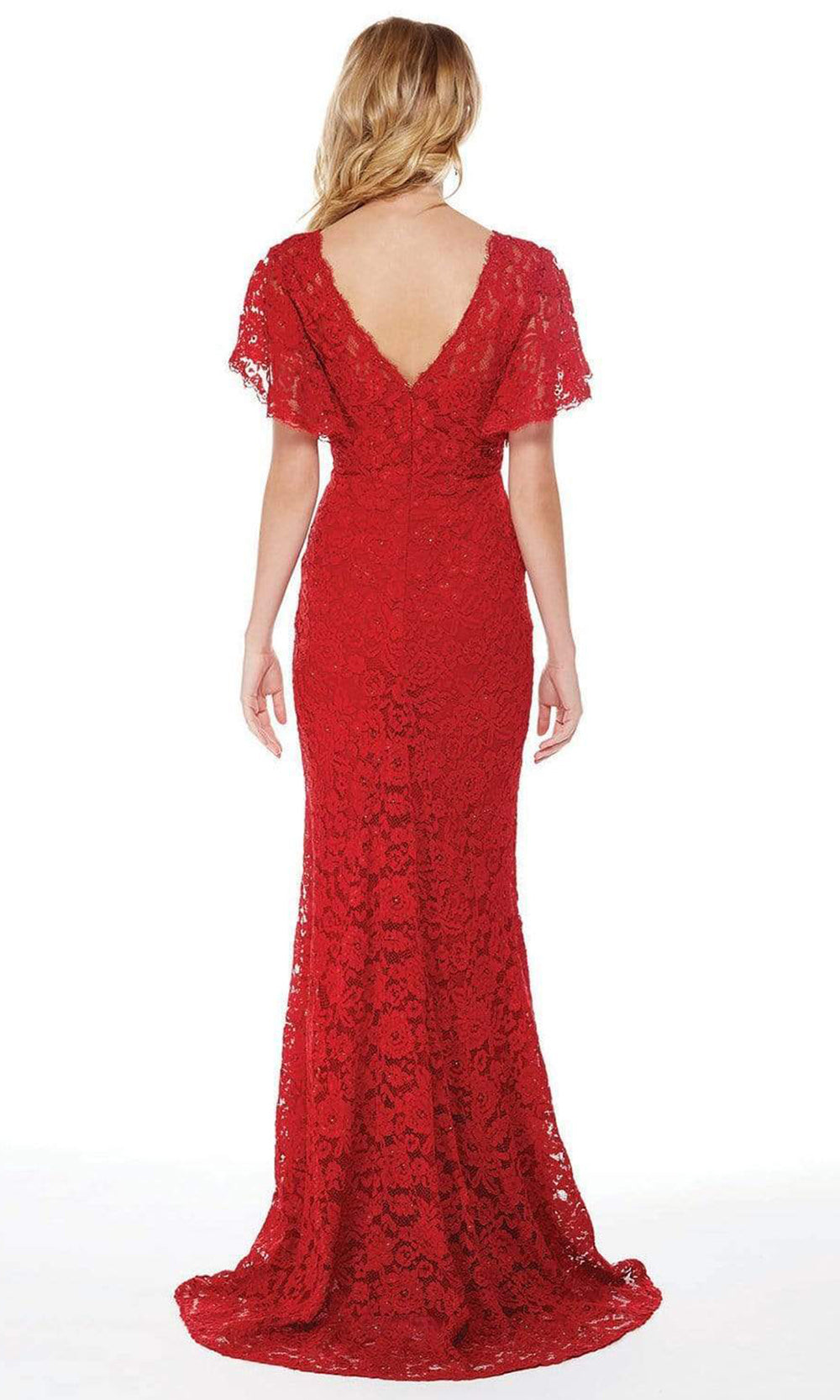 Alyce Paris - 27025 V-Neck Flutter Sleeved Floral Lace Sheath Dress CCSALE 6 / Red