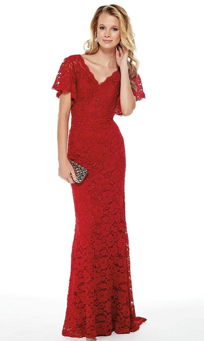 Alyce Paris - 27025 V-Neck Flutter Sleeved Floral Lace Sheath Dress CCSALE 6 / Red