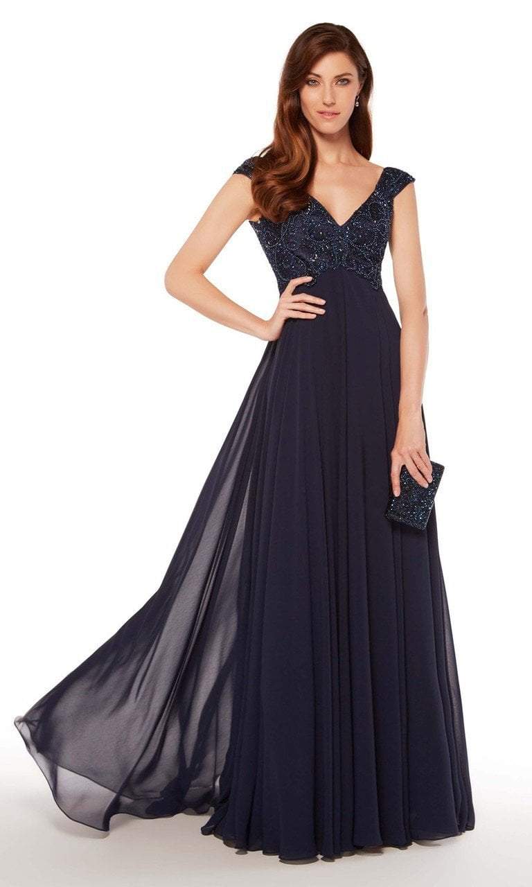 Alyce Paris - Embroidered V-neck Chiffon A-line Dress 27246 in Blue