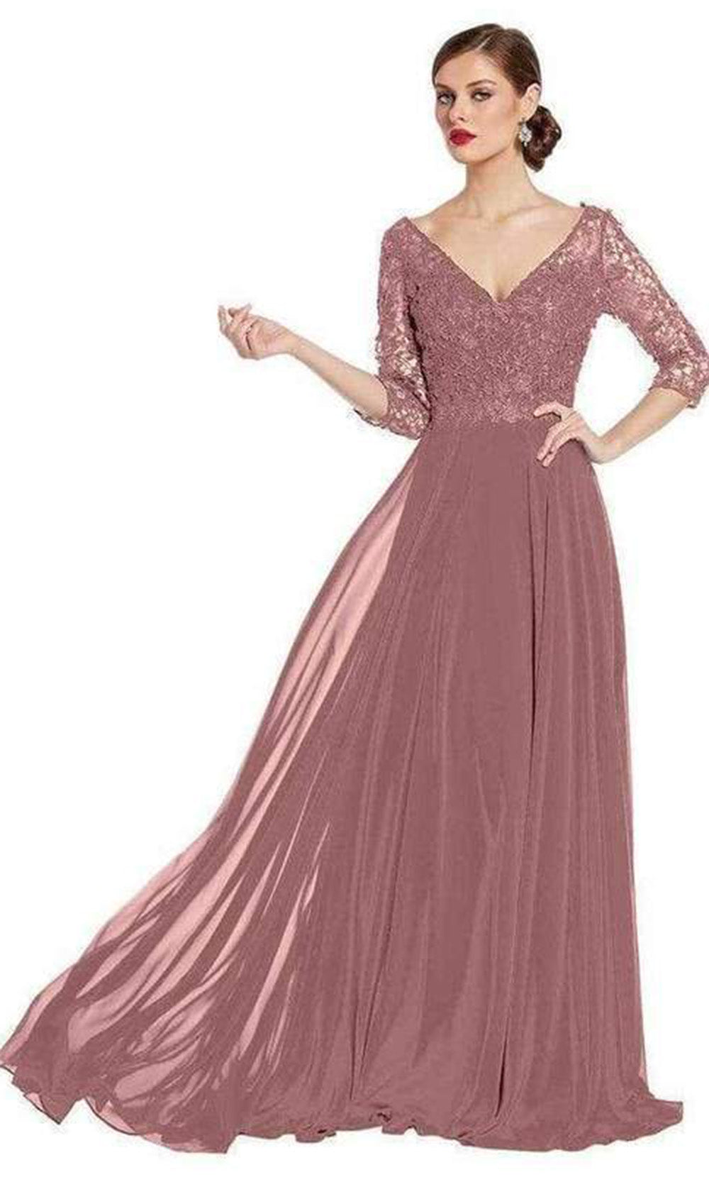 Alyce Paris - 27312 V-Neck and Back Lace Bodice A-Line Chiffon Gown In Pink