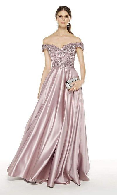 Alyce Paris - 27393 Embroidered Off-Shoulder Sweetheart Bodice Satin A-Line Gown - 1 pc Cashmere Rose In Size 18 Available CCSALE 18 / Cashmere Rose