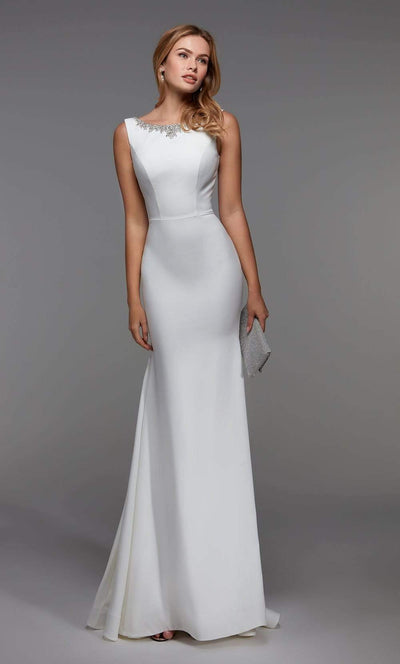 Alyce Paris - 27538 Embellished Bateau Neck Trumpet Dress With Train Special Occasion Dress In White