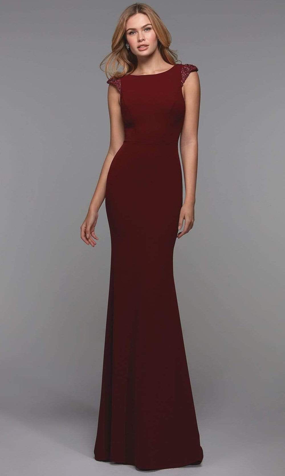 Alyce Paris - 27539 Jewel Neck Plain Evening Gown Evening Dresses 2 / Burgundy