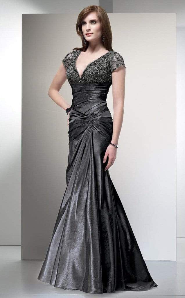 Alyce Paris - 29357 Cap Sleeve Lace Ornate Empire Trumpet Gown CCSALE 12 / Charcoal