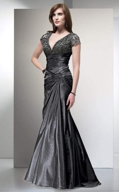 Alyce Paris - 29357 Cap Sleeve Lace Ornate Empire Trumpet Gown CCSALE 12 / Charcoal