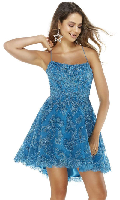 Alyce Paris - Embellished Square Neck Short Dress 3069SC In Blue