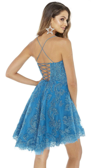 Alyce Paris - Embellished Square Neck Short Dress 3069SC In Blue