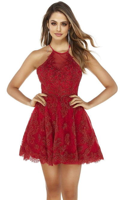 Alyce Paris - Halter Lace-Up Back Embellished Cocktail Dress 3070SC In Red