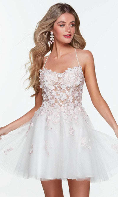 Alyce Paris 3102 - Floral Appliqued Cocktail Dress Special Occasion Dress 000 / Pink/Diamond White