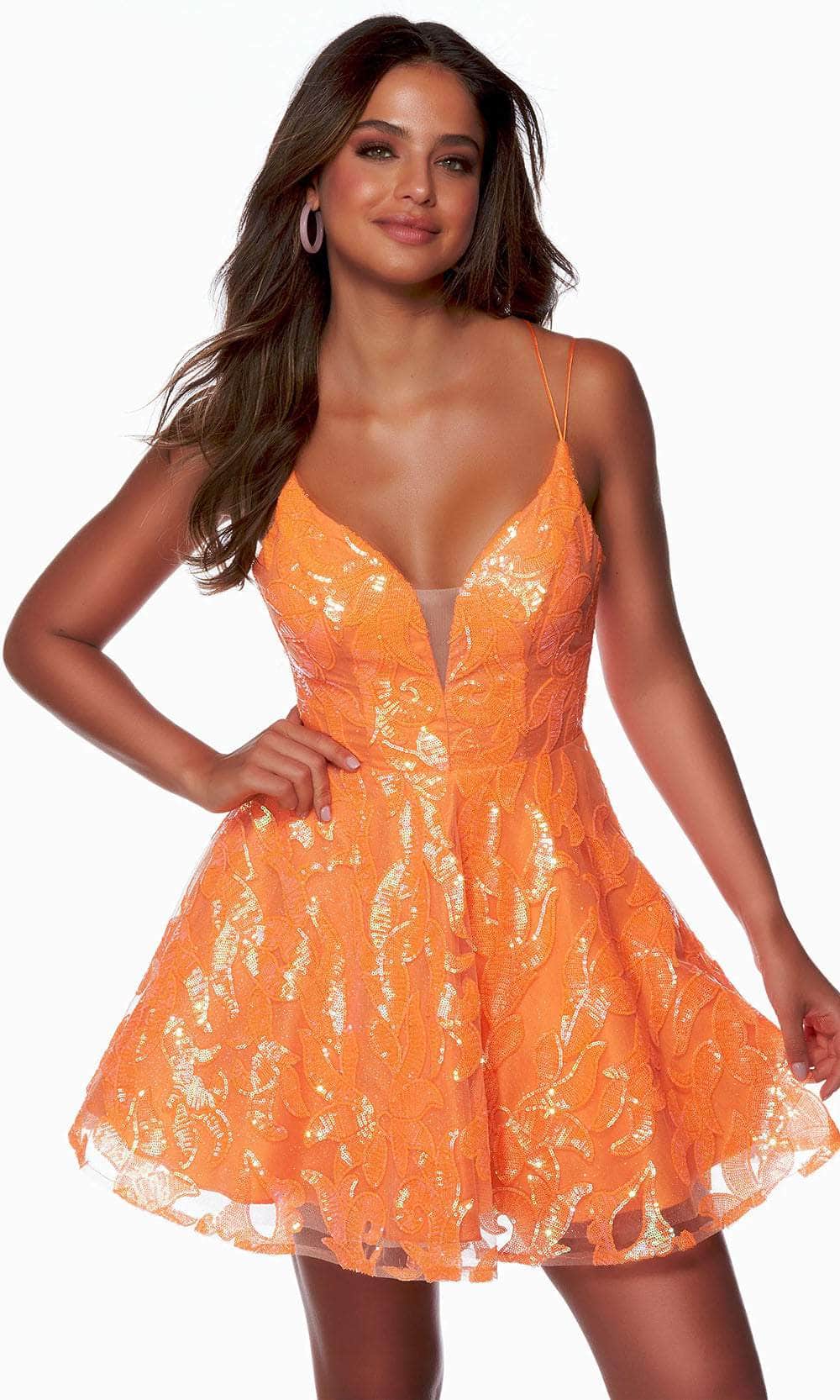 Alyce Paris 3137 - Spaghetti Strap Sequin Homecoming Dress Special Occasion Dress 000 / Neon Orange