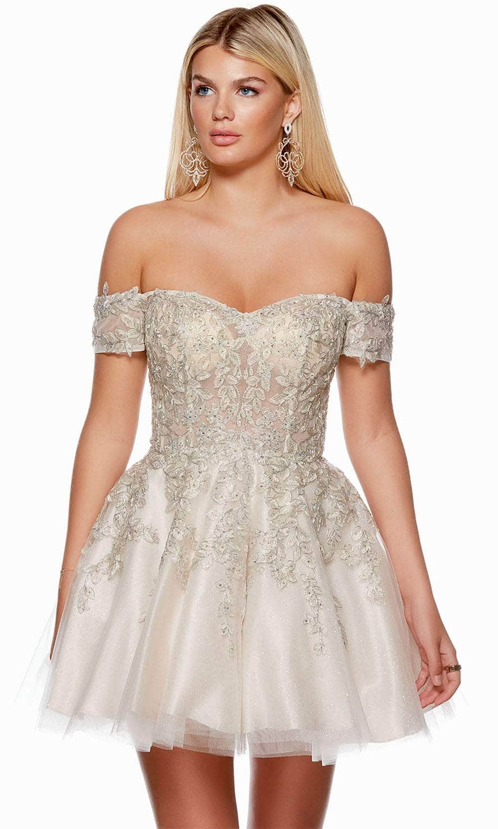 Alyce Paris 3146 - Off-Shoulder Embroidered Cocktail Dress Homecoming Dresses 000 / Ivory-Champagne