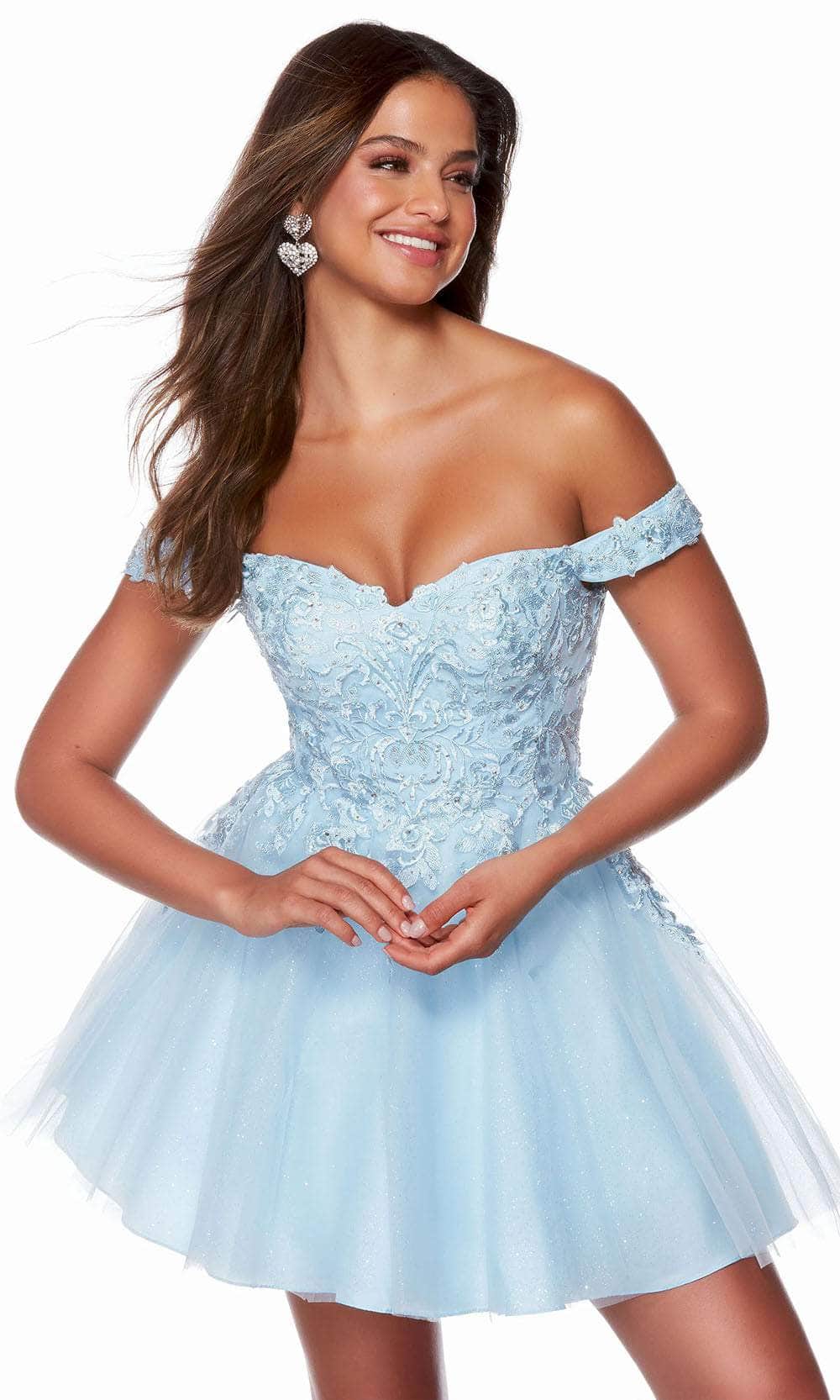 Alyce Paris 3156 - Embroidered Off Shoulder Homecoming Dress Special Occasion Dress 000 / Light Blue