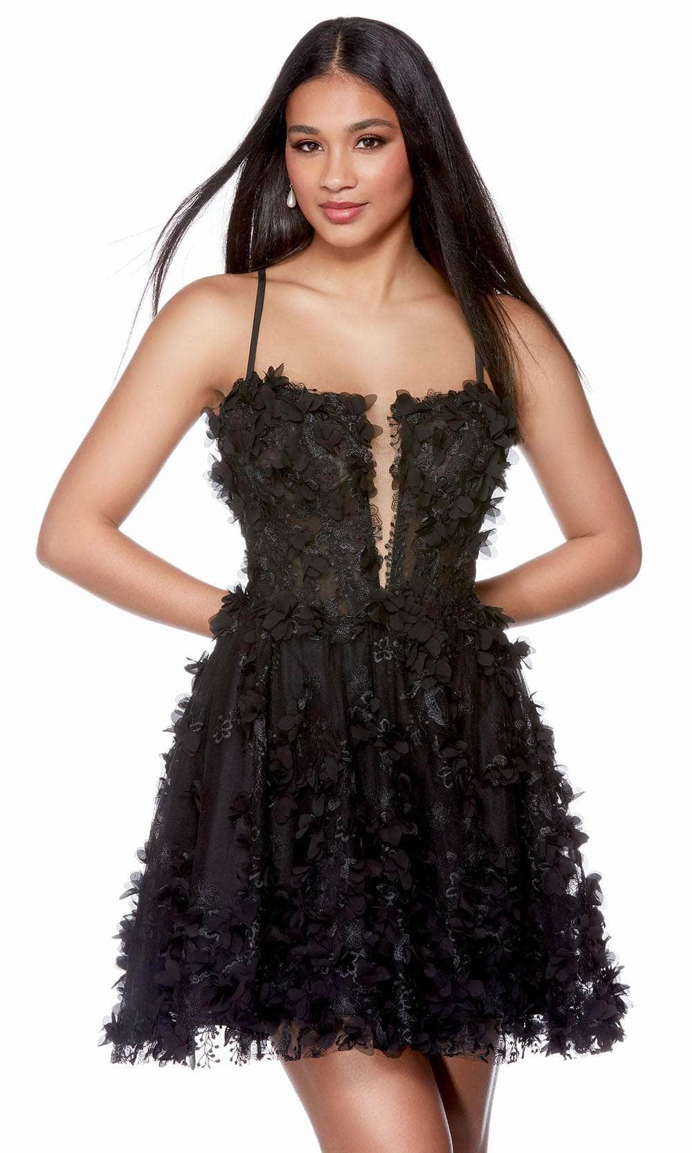 Alyce Paris 3171 - 3D Floral Accented Homecoming Dress Special Occasion Dress 000 / Black