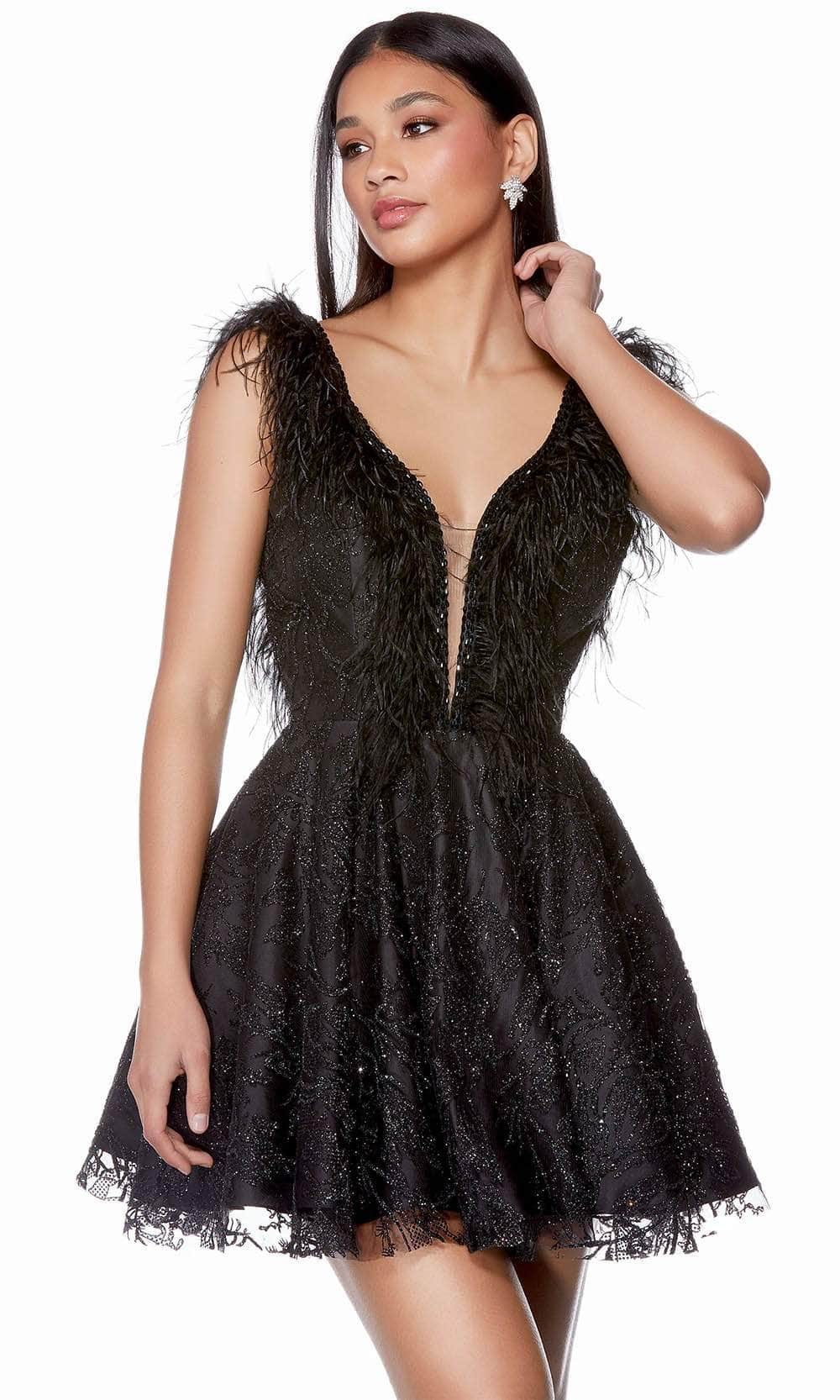Alyce Paris 3174 - Feather Cap Sleeve Cocktail Dress Special Occasion Dress 000 / Black