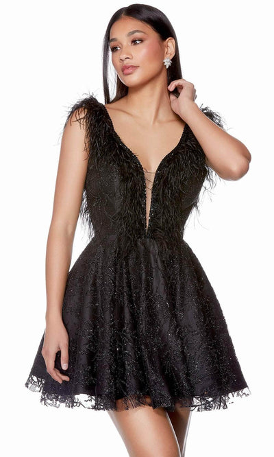 Alyce Paris 3174 - Feather Cap Sleeve Cocktail Dress Special Occasion Dress 000 / Black