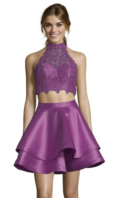 Alyce Paris - 3735 Two Piece Halter Lace Cocktail Dress Special Occasion Dress 000 / Purple