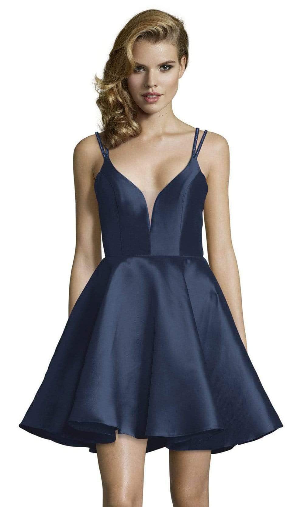 Alyce Paris - 3769 Beaded Straps Fit and Flare Cocktail Dress Homecoming Dresses 2 / Navy
