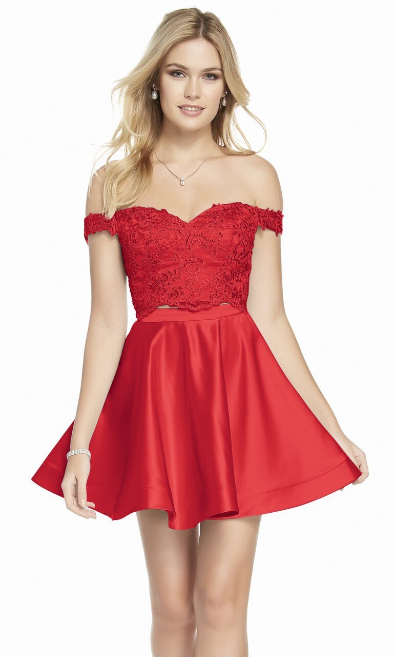 Alyce Paris - 3827 Beaded Two Piece Off-Shoulder Cocktail Dress In Red