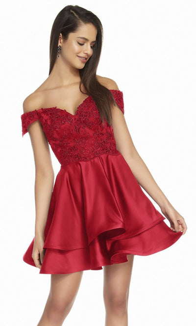 Alyce Paris - 3828 Off Shoulder Beaded Lace Tiered Dress In Red