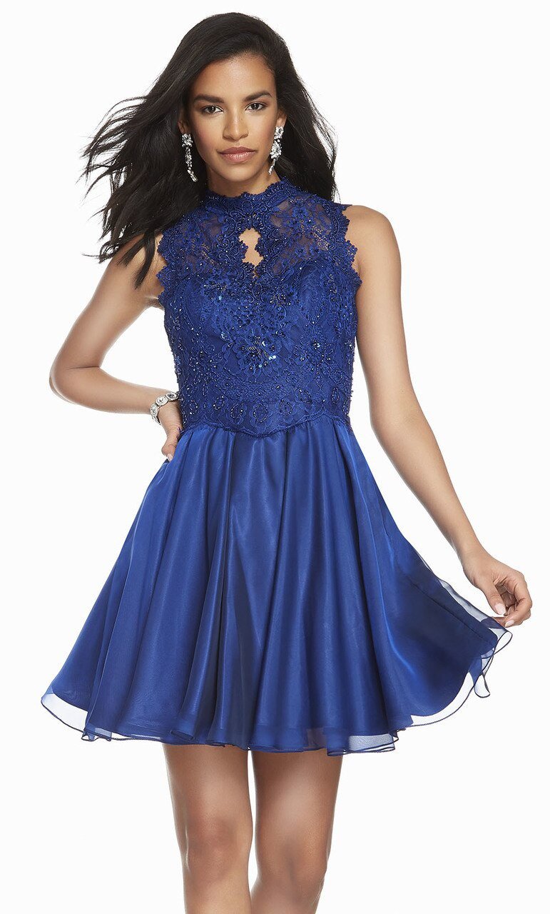 Alyce Paris - 3850 Lace High Neck Chiffon A-line Dress In Blue