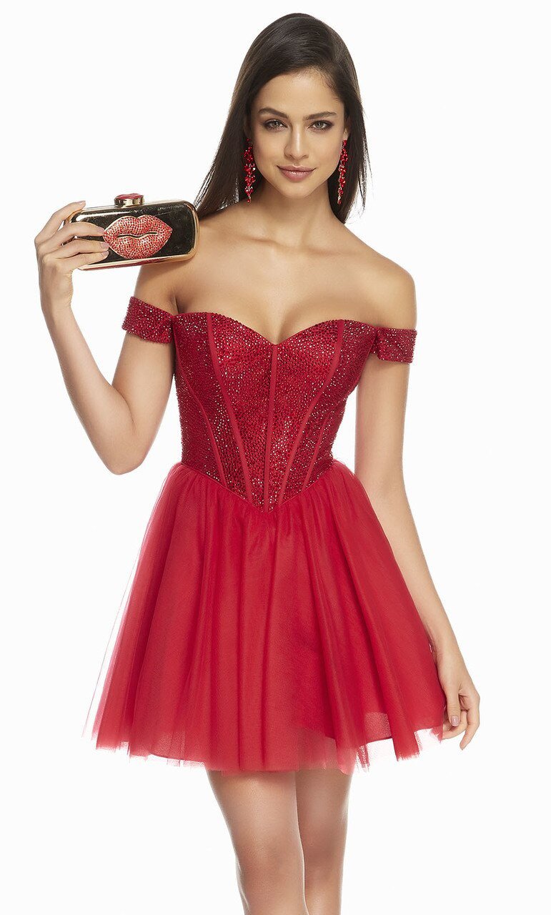 Alyce Paris - 3851 Bejeweled Corset Bodice Off Shoulder Dress In Red