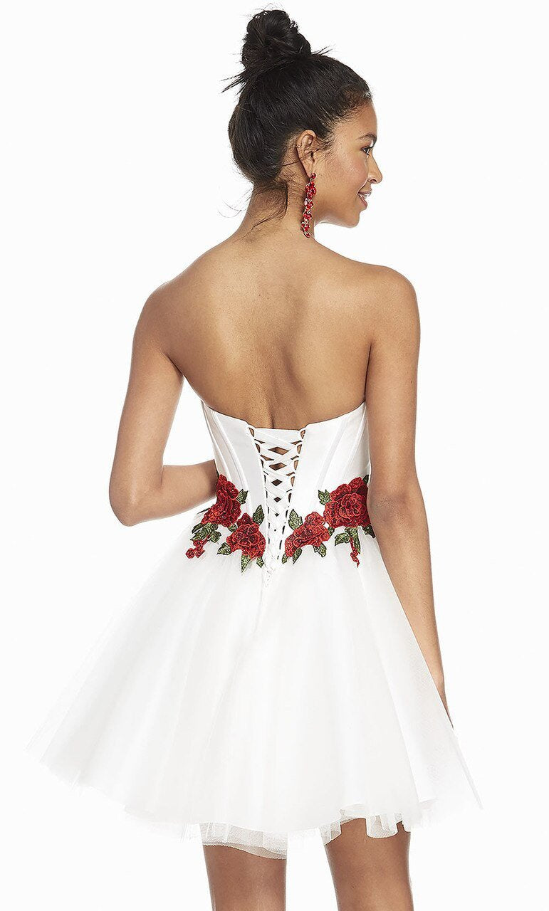 Alyce Paris - 3867 Rose Appliqued Waist Corset Boned Dress In White and Floral