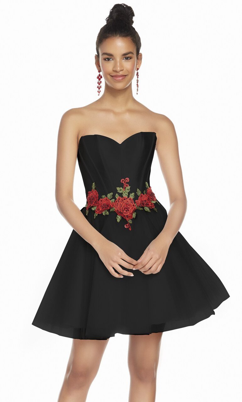 Alyce Paris - 3867 Rose Appliqued Waist Corset Boned Dress In Black and Floral
