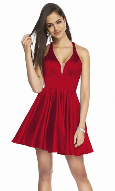 Alyce Paris - 3882 Plunging Halter Short Satin Dress Homecoming Dresses 000 / Red
