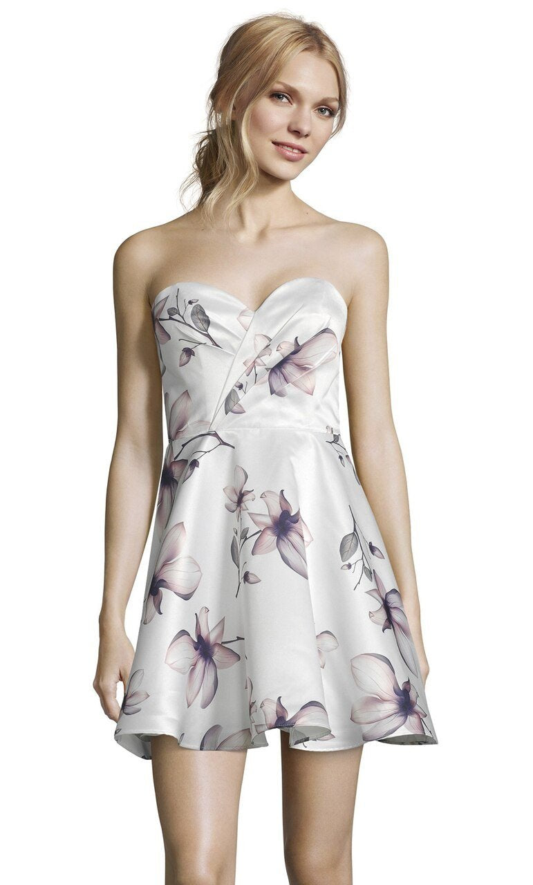 Alyce Paris - 3894 Floral Print Satin A-line Dress In White and Pink
