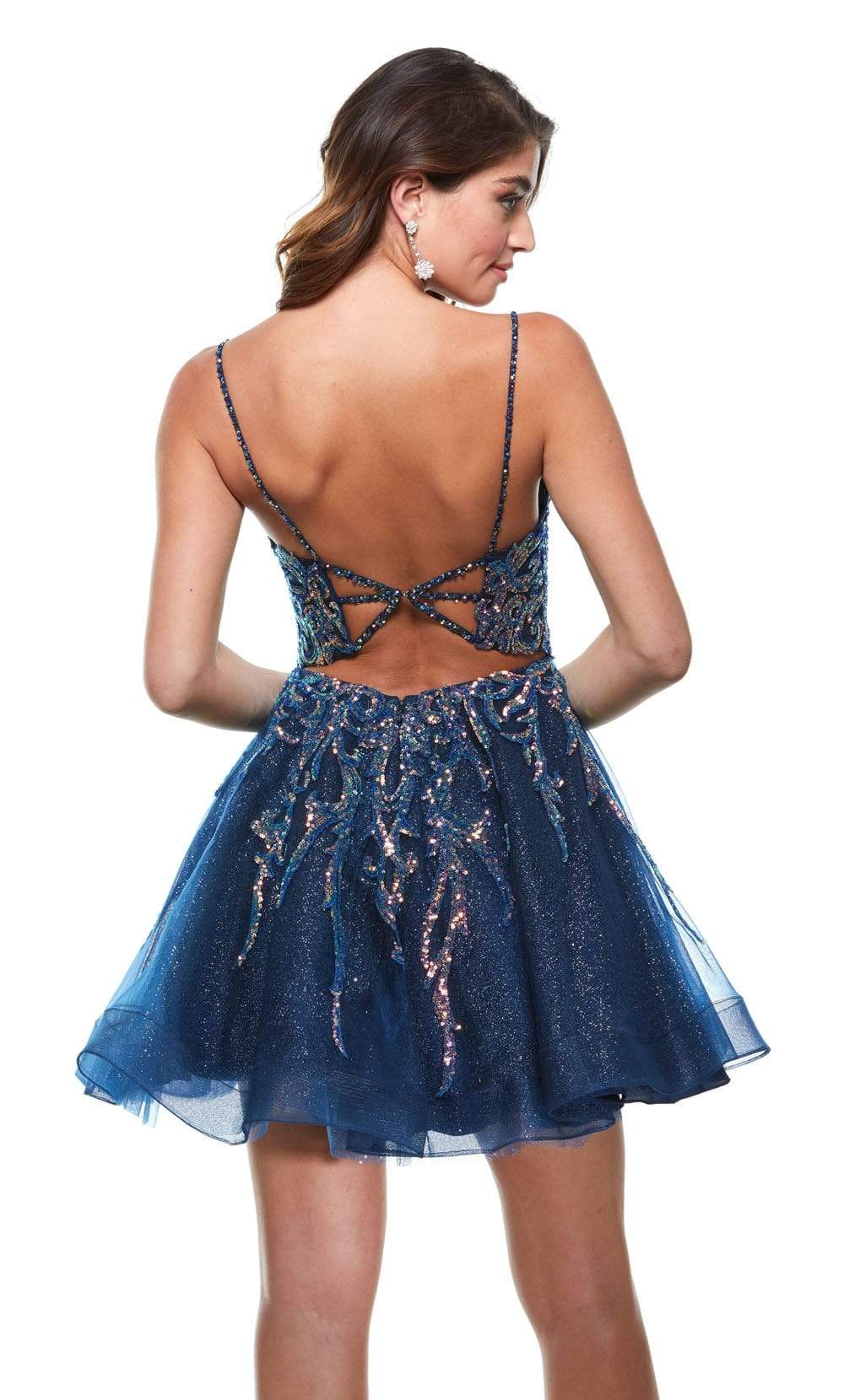Alyce Paris - 3942 Sequined Deep V Neck Tulle Glitter A-Line Dress Special Occasion Dress In Blue