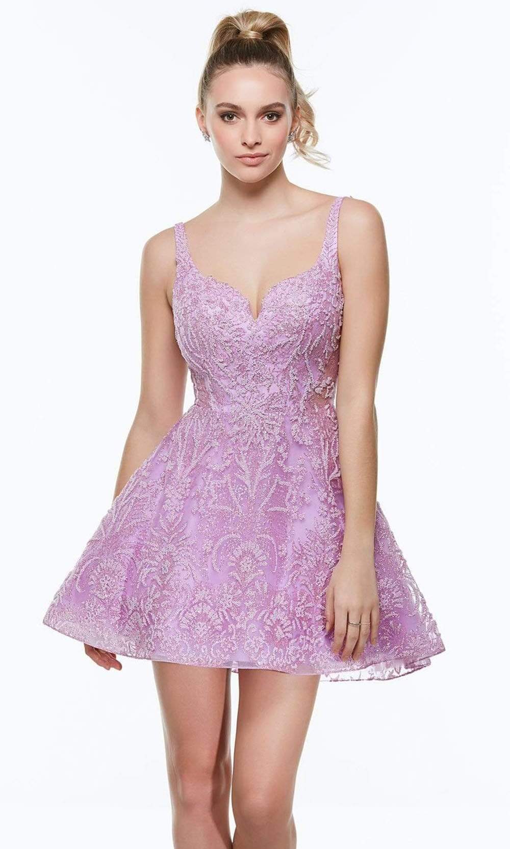 Alyce Paris - 3950 Open Back Glittered Short Dress Party Dresses 000 / Orchid