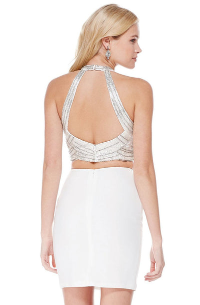 Bedazzled Two Piece Halter Jersey Fitted Dress in White