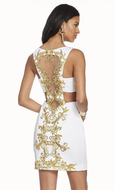 Alyce Paris - 4083 Beaded Lace Cutout Sheath Cocktail Dress In White and Gold