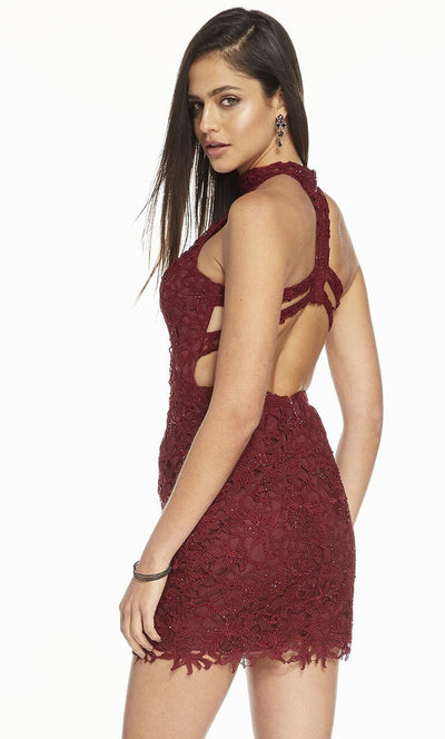 Alyce Paris - 4139 Short Beaded Lace Halter Dress In Red