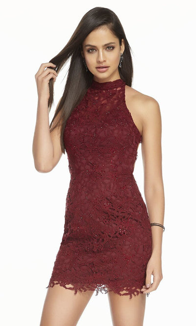 Alyce Paris - 4139 Short Beaded Lace Halter Dress In Red