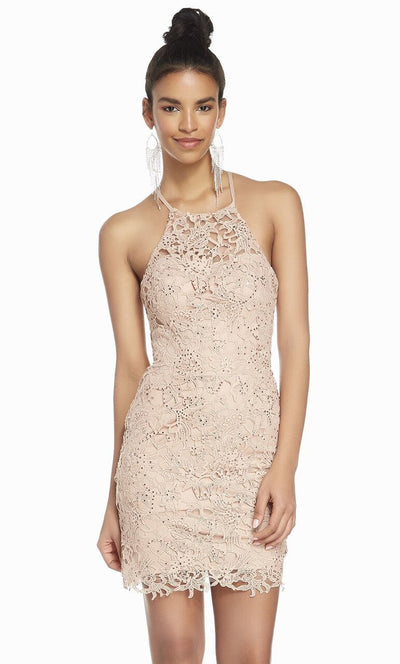 Alyce Paris - 4140 Lace Halter Sheath Cocktail Dress In Pink