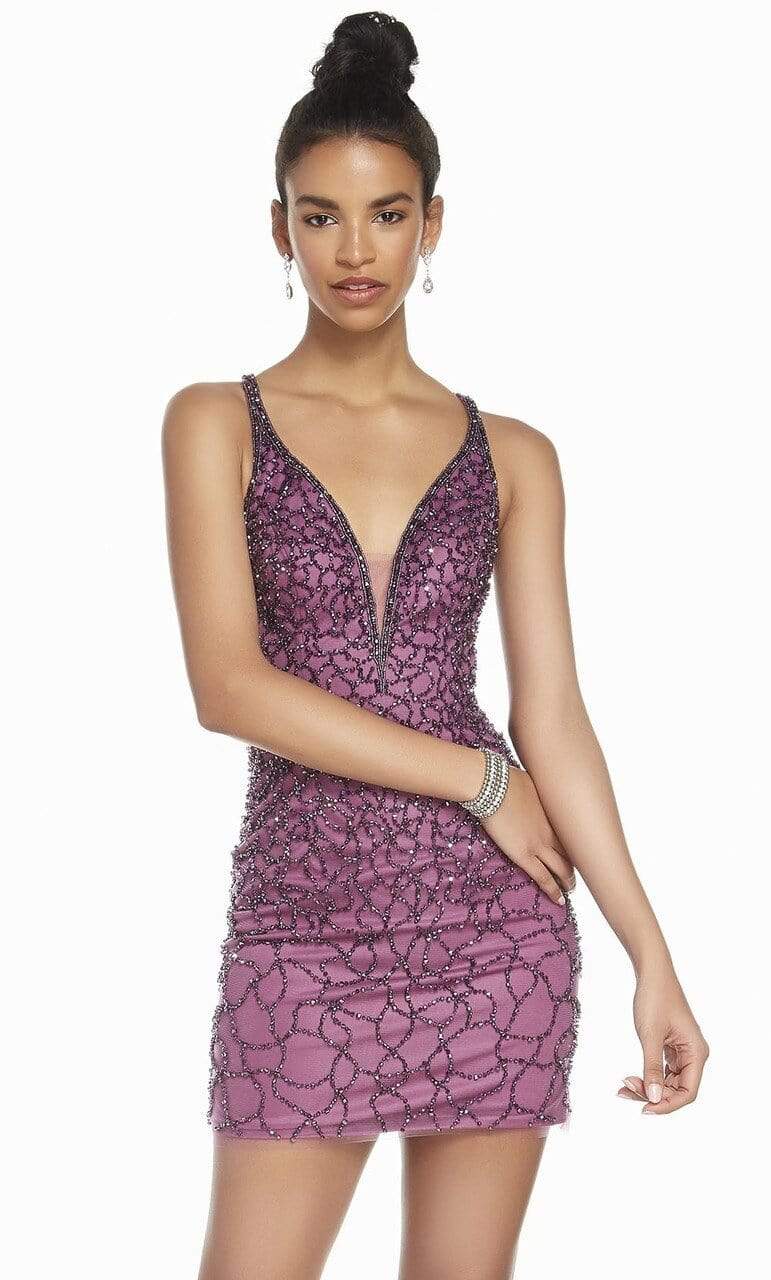 Alyce Paris - Plunge Neck Strappy Open Back Beaded Fitted Dress 4147SC In Pink