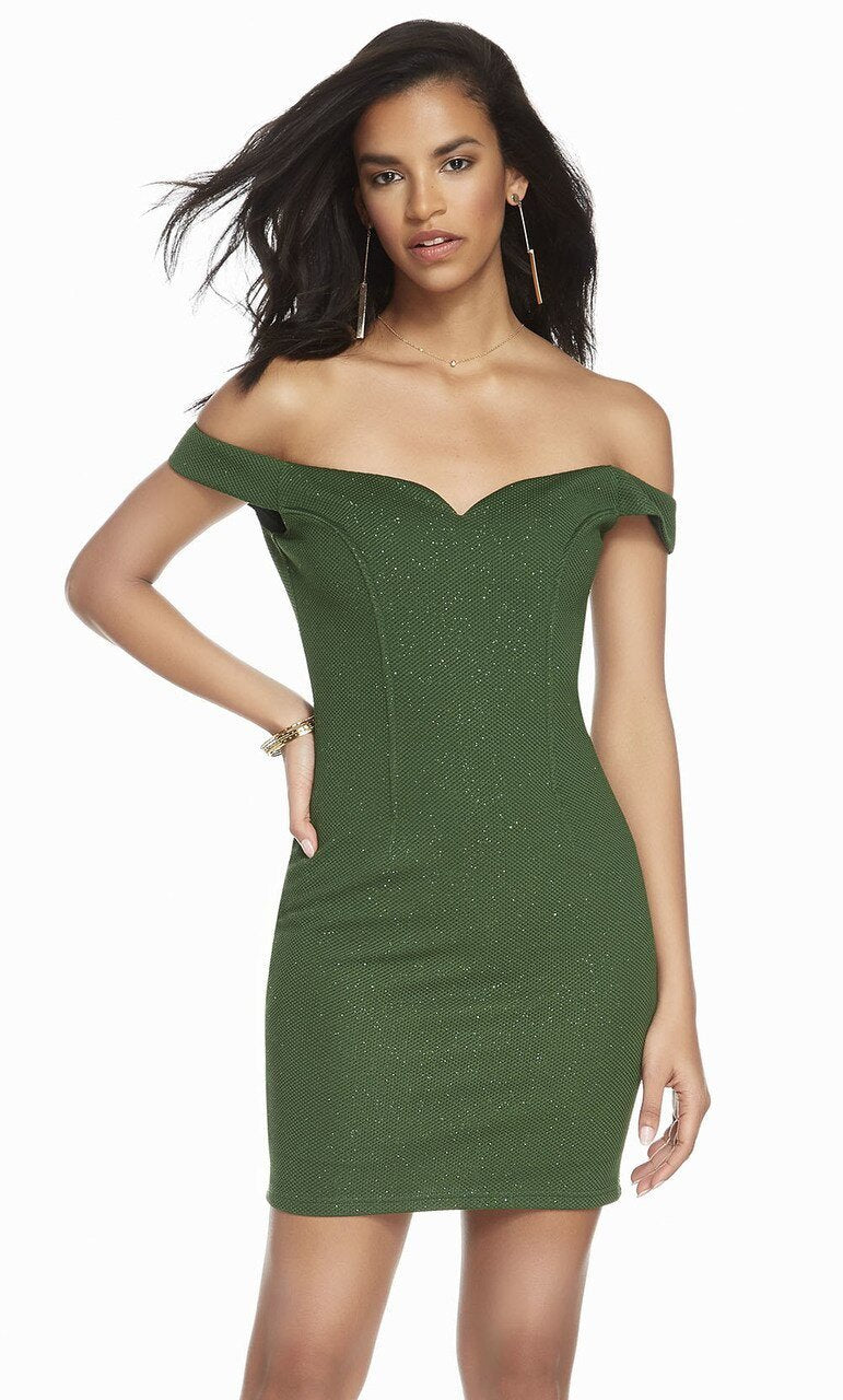 Alyce Paris - 4156 Off Shoulder Short Glitter Jersey Dress In Green