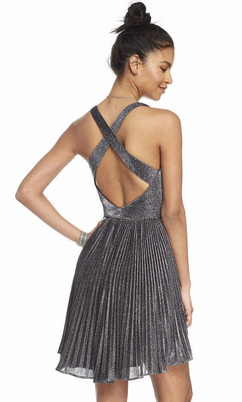 Alyce Paris - 4191 Sleeveless V Neck Pleated Sparkly Jersey Dress In Silver and Gray