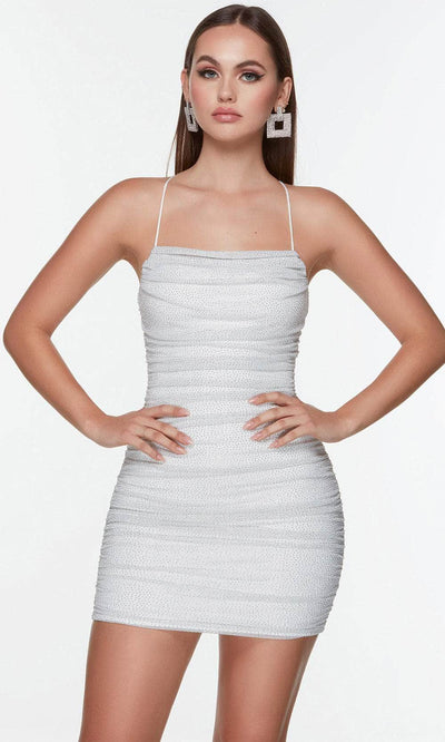 Alyce Paris 4570 - Beaded Ruched Sheath Cocktail Dress In White