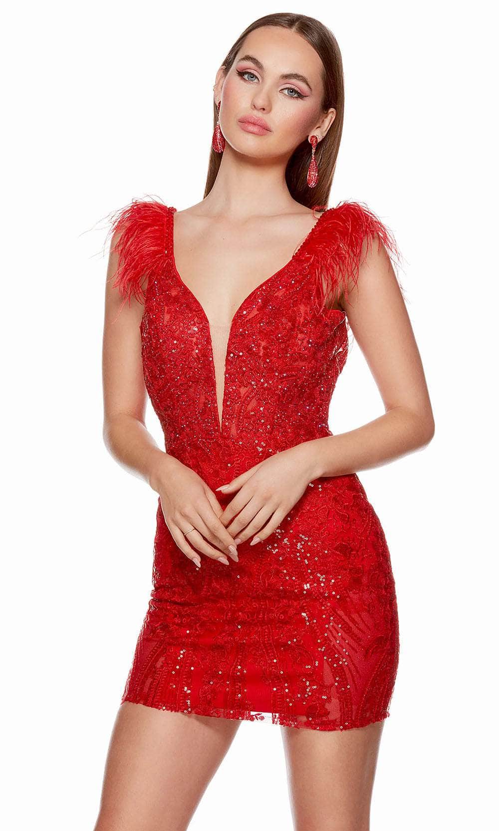 Alyce Paris 4614 - Feather Shoulders Homecoming Dress Special Occasion Dress 000 / Red