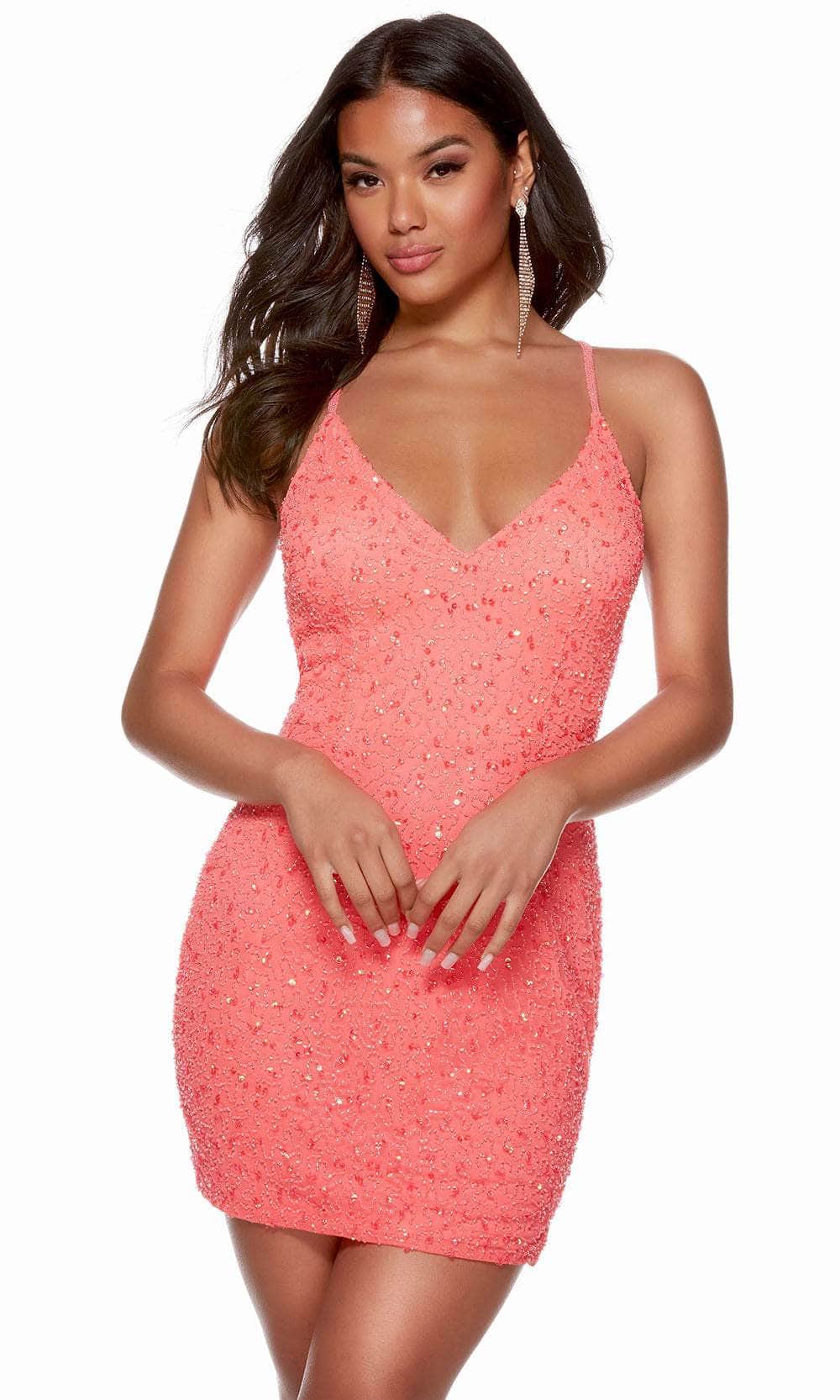 Alyce Paris 4626 - Beaded V-Neck Homecoming Dress Special Occasion Dress 000 / Light Watermelon