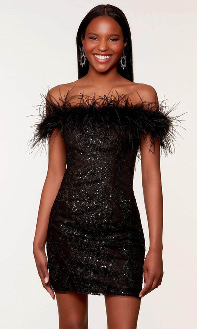 Alyce Paris 4649 - Feather Detail Off-Shoulder Dress Special Occasion Dress 000 / Black