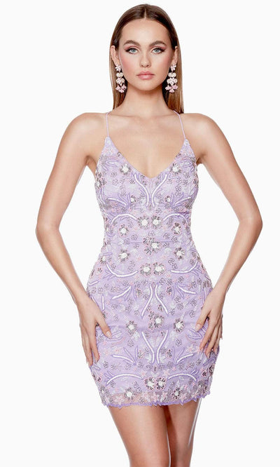 Alyce Paris 4666 - Floral Beaded Lace-Up Cocktail Dress Party Dresses 000 / Lilac-Multi