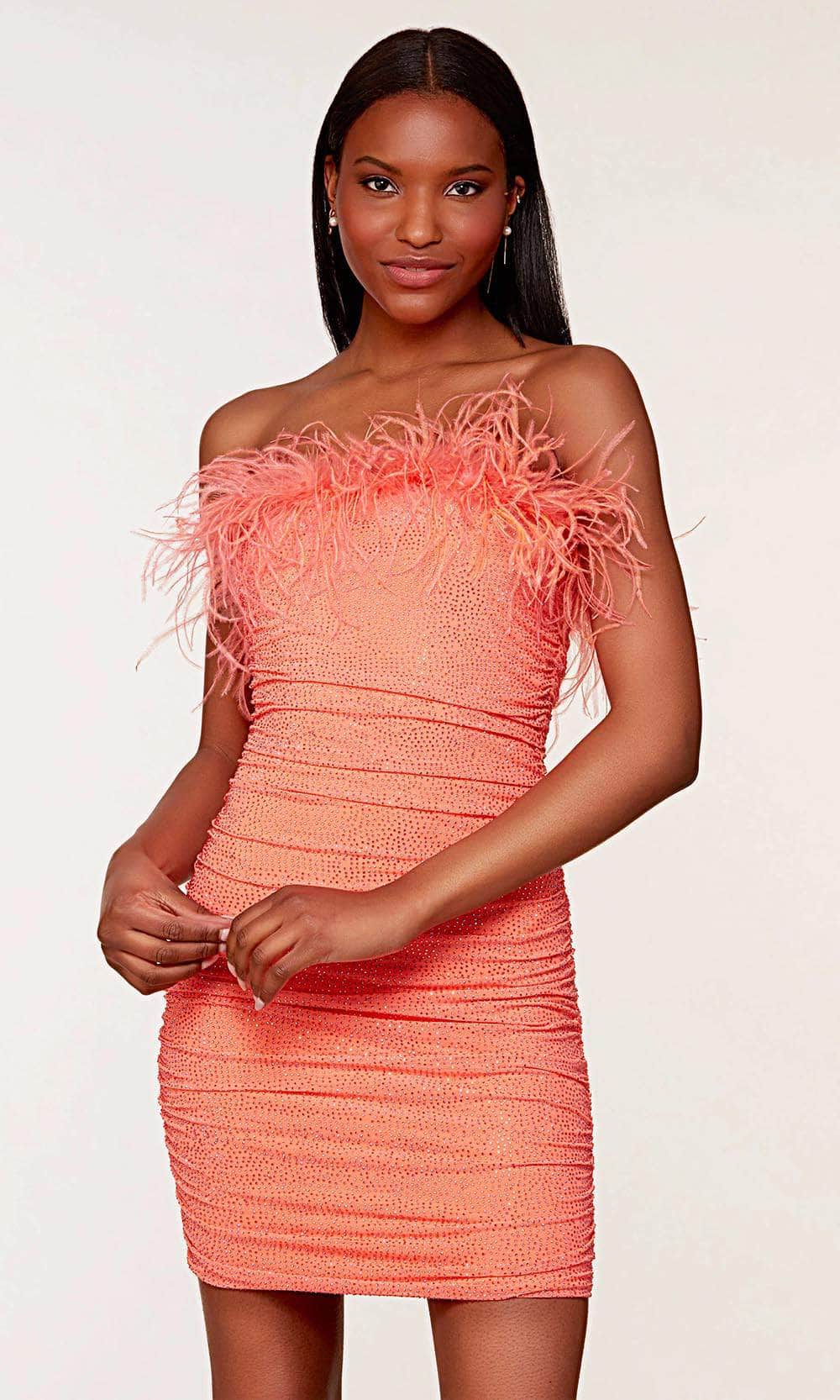 Alyce Paris 4728 - Feathered Ruche Homecoming Dress Special Occasion Dress 000 / Hot Coral