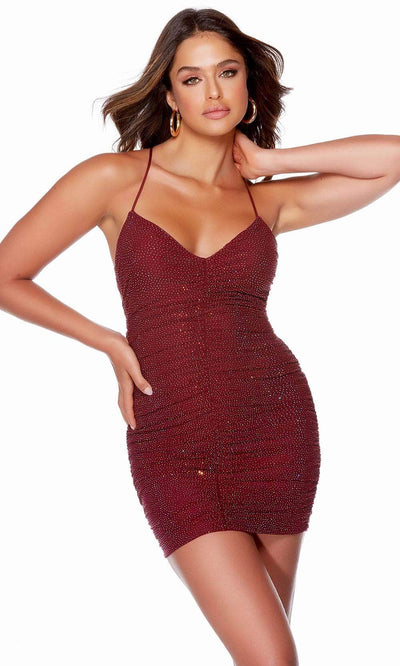Alyce Paris 4730 - Beaded Ruche Homecoming Dress Special Occasion Dress 000 / Burgundy