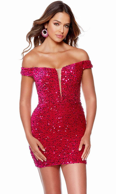 Alyce Paris 4775 - Sequin Off Shoulder Homecoming Dress Special Occasion Dress 000 / Raspberry
